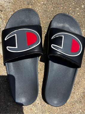 Champion Black Slide Sandals with Red Logo